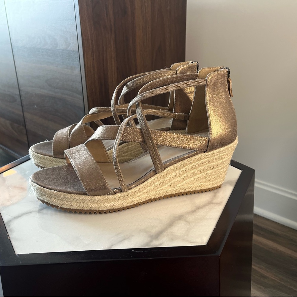 EILEEN FISHER Wanda Metallic Leather Espadrille Wedge Sandals BackZip Size 11M